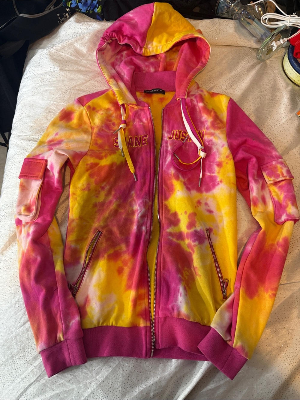 Shane Justin Tie-Dye Zip Front Hoodie - Pink & Yellow size S